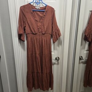 J Gee Rust Tiered Midi Dress Size L